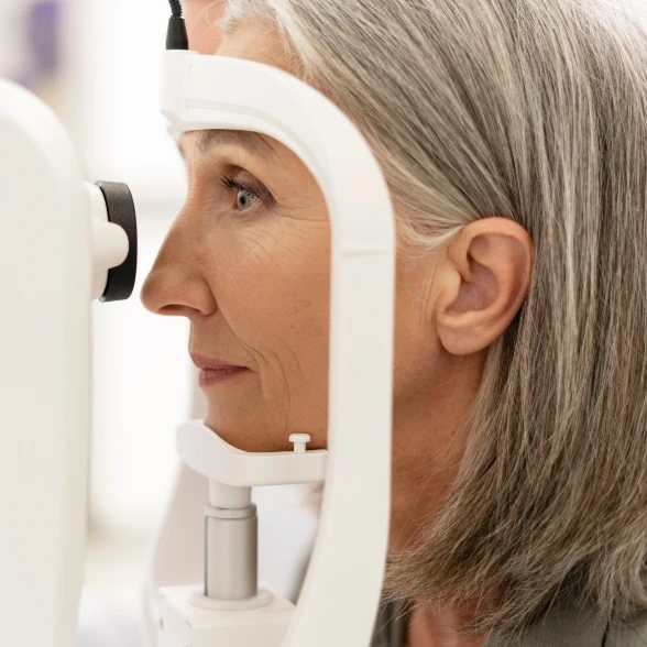 senior woman taking eye exam